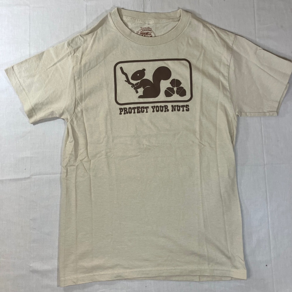 Custom 77 Protect Your Nuts Squirrel Graphic Tee Tan Small Humor T-Shirt